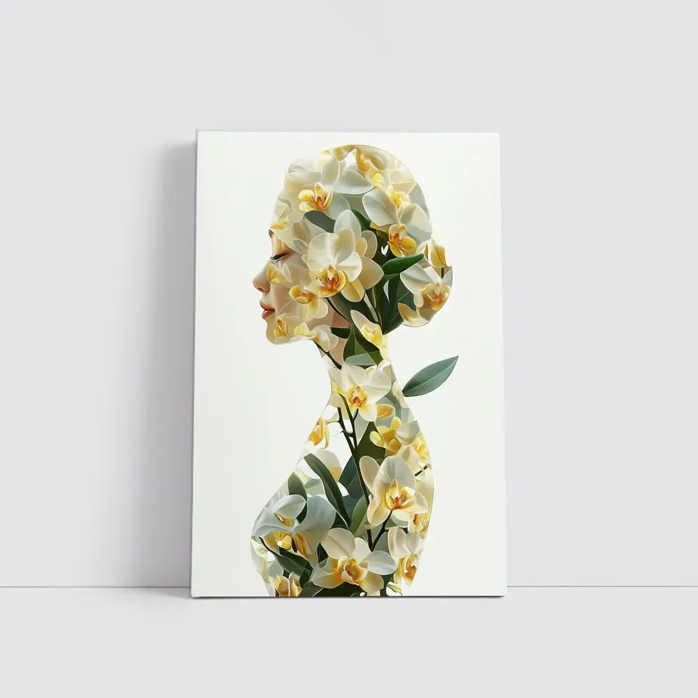 Woman Silhouette Double Exposure White Orchids – Wall Art
