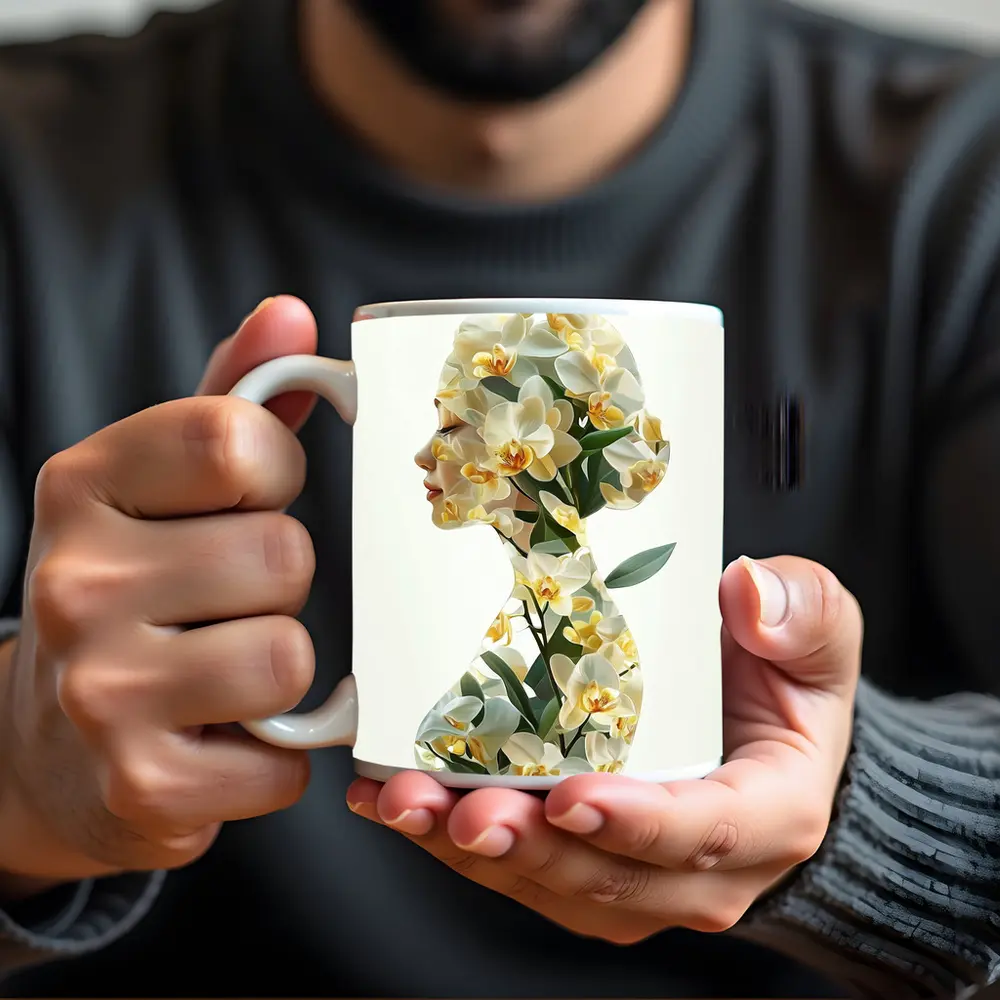 Woman Silhouette Double Exposure White Orchids – Mugs