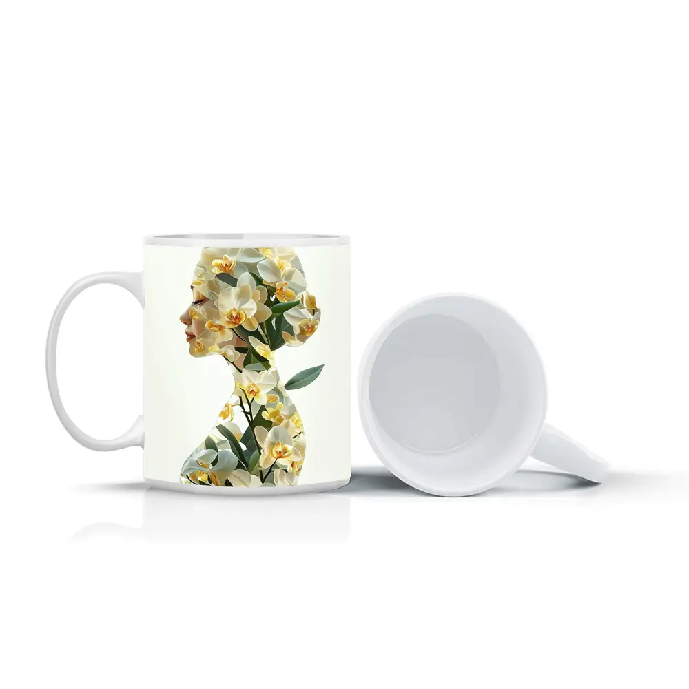Woman Silhouette Double Exposure White Orchids – Mugs