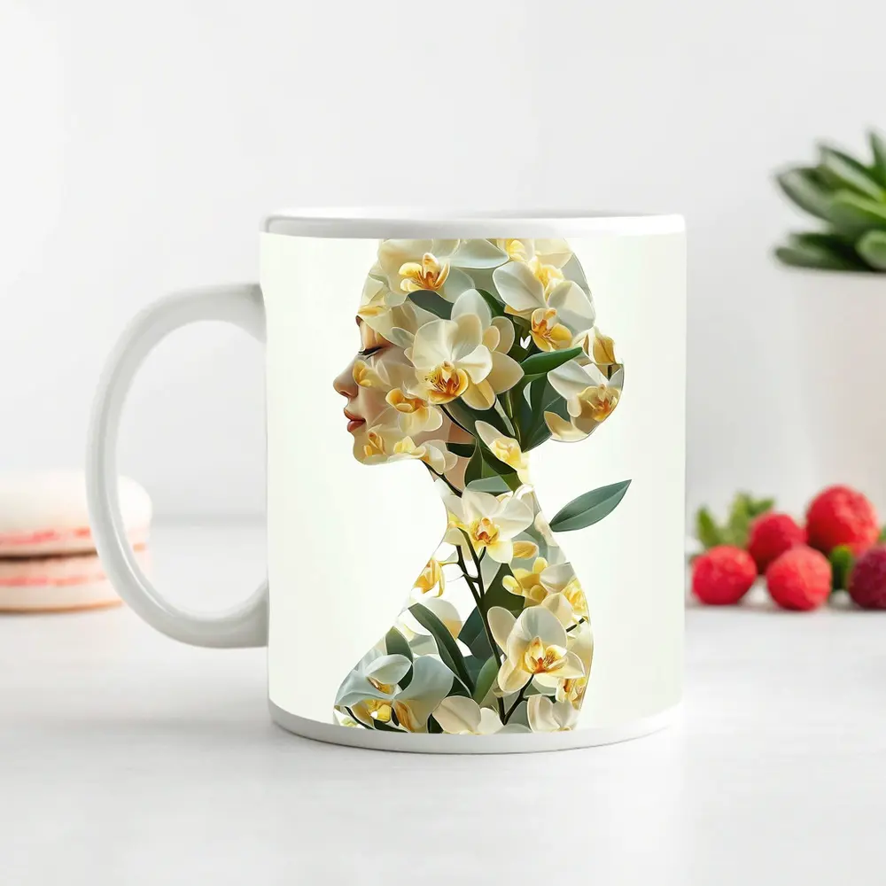 Woman Silhouette Double Exposure White Orchids – Mugs