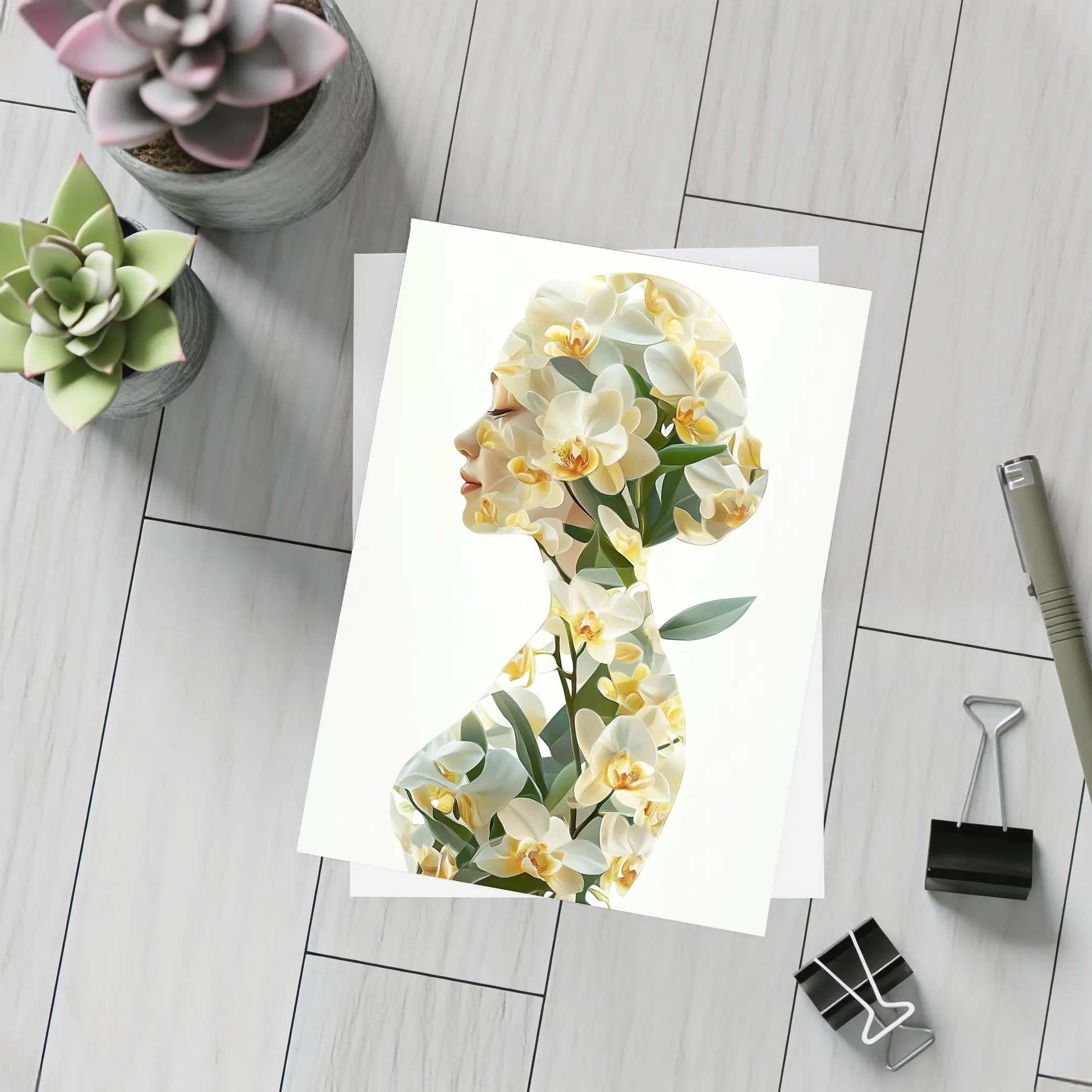 Woman Silhouette Double Exposure White Orchids – Postcards