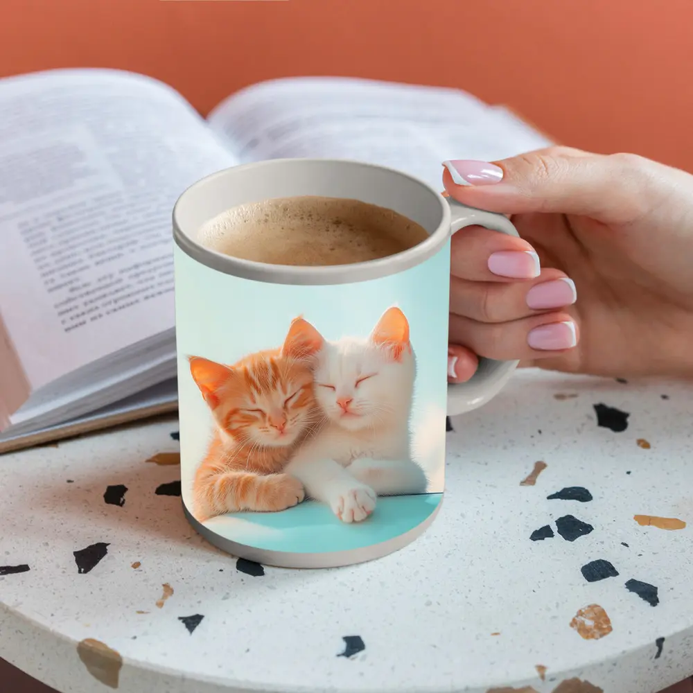 Two Kittens Cuddling Against Light Blue Sky – Mugs