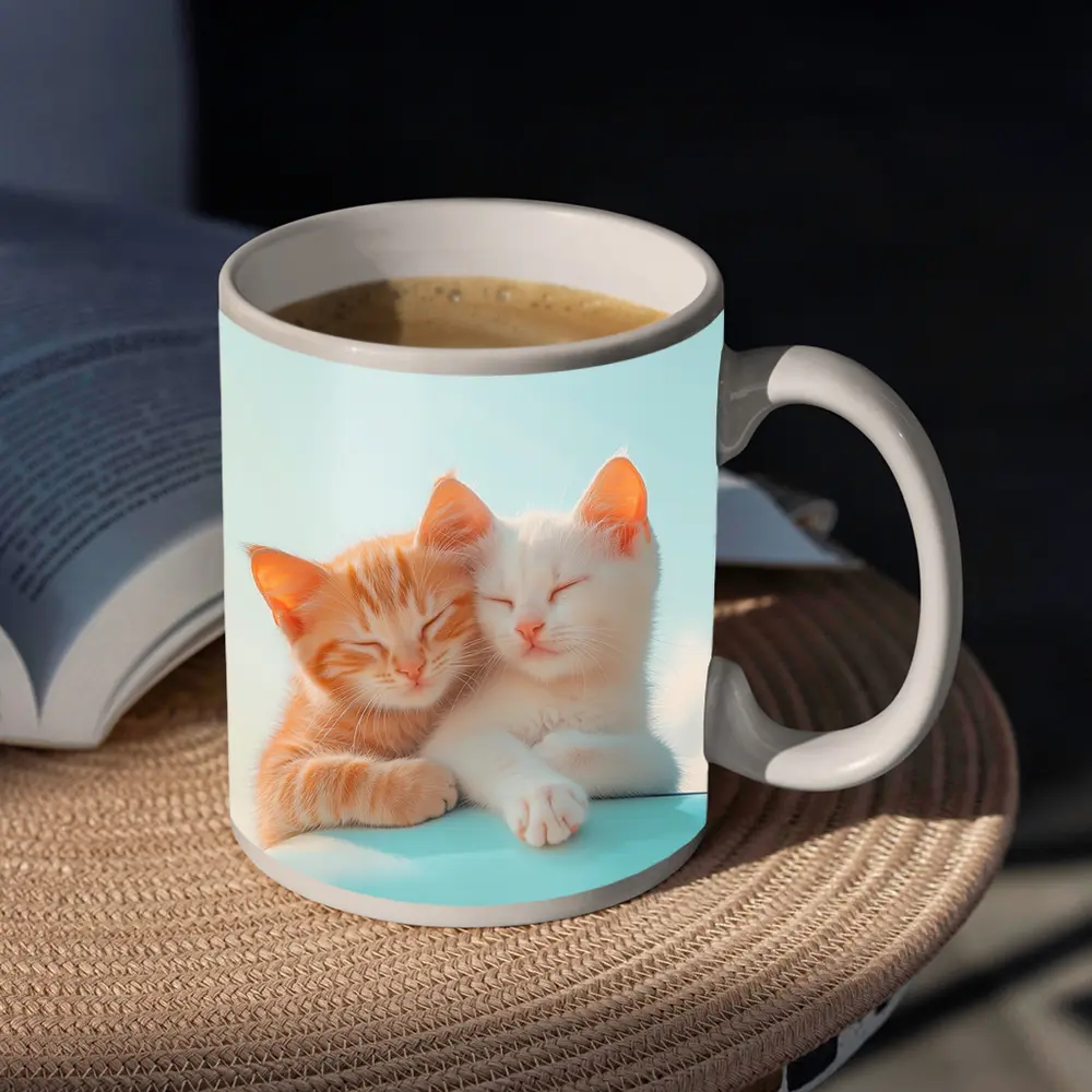 Two Kittens Cuddling Against Light Blue Sky – Mugs