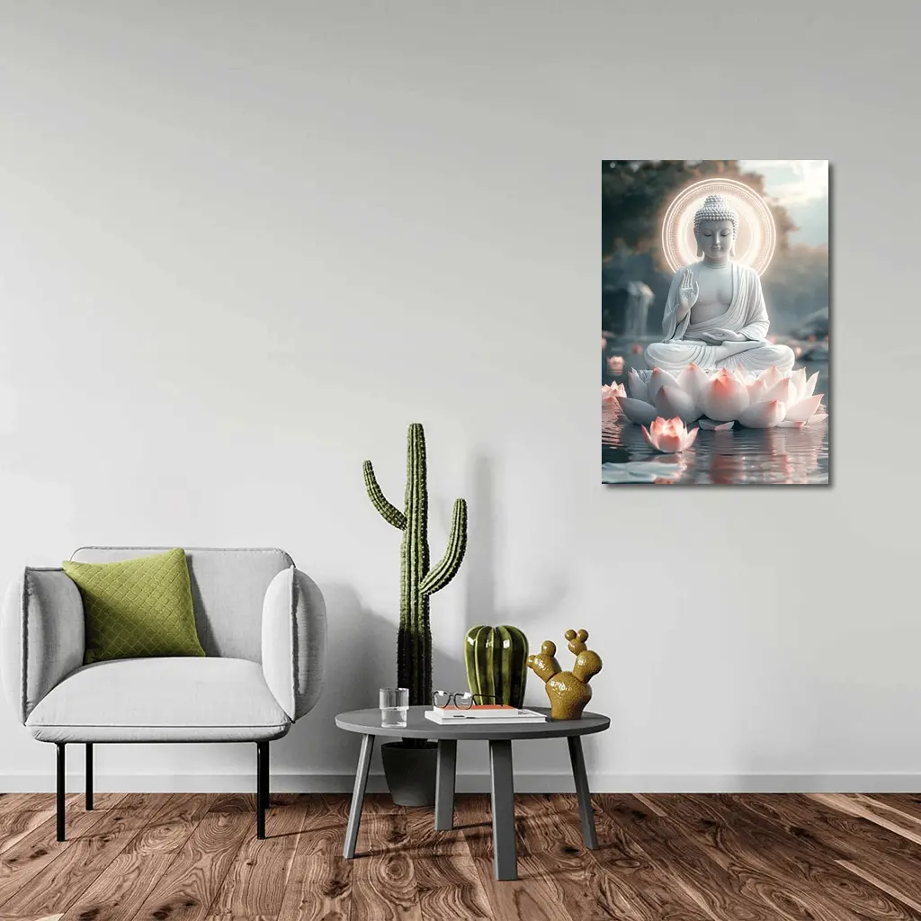 White Buddha Lotus Flower Glowing Halo Water – Wall Art