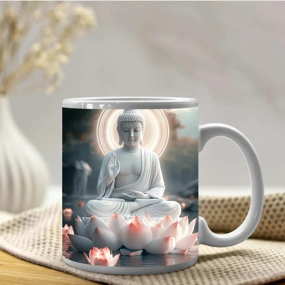 White Buddha Lotus Flower Glowing Halo Water – Mugs