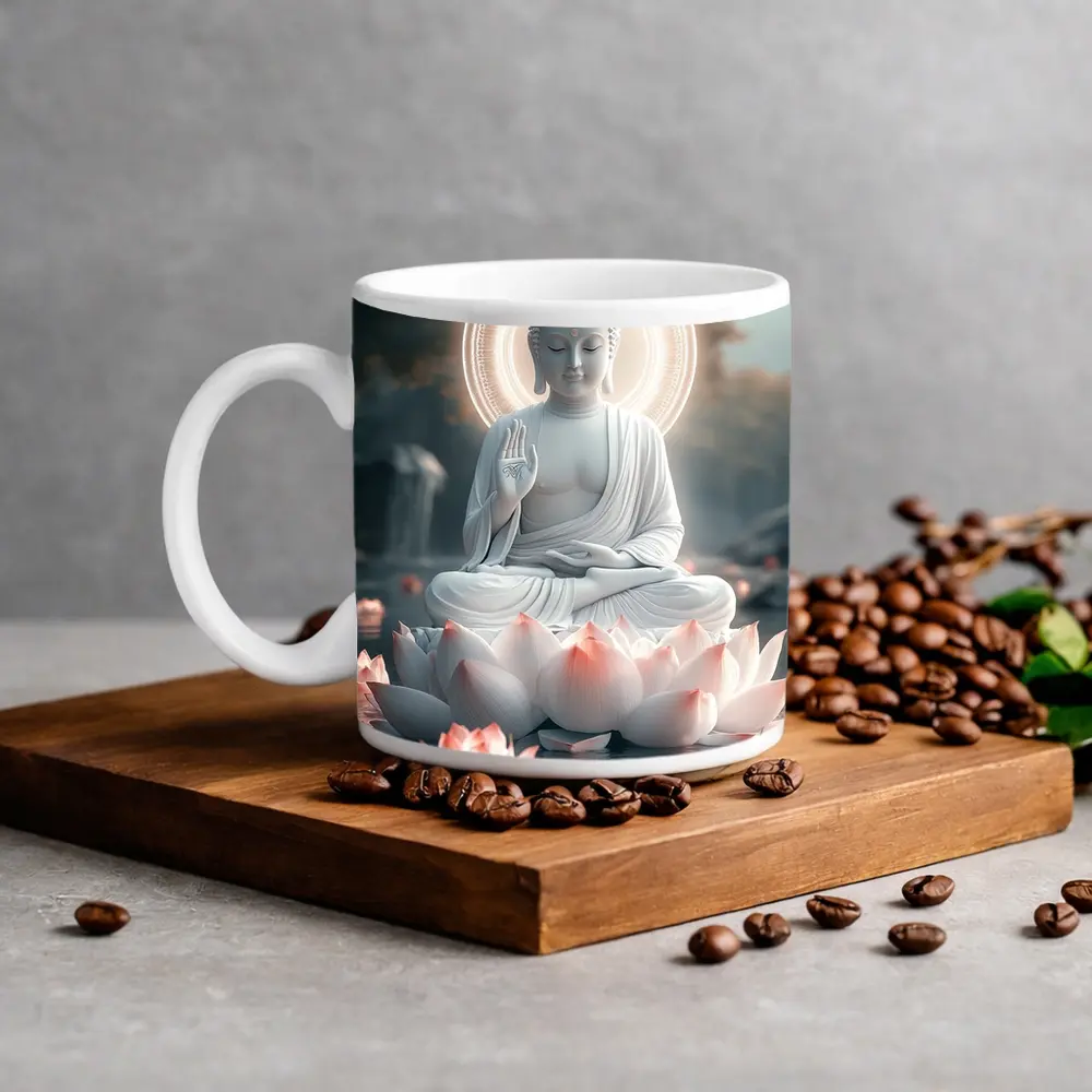 White Buddha Lotus Flower Glowing Halo Water – Mugs