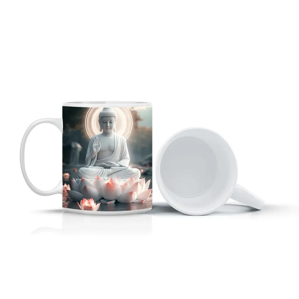 White Buddha Lotus Flower Glowing Halo Water – Mugs