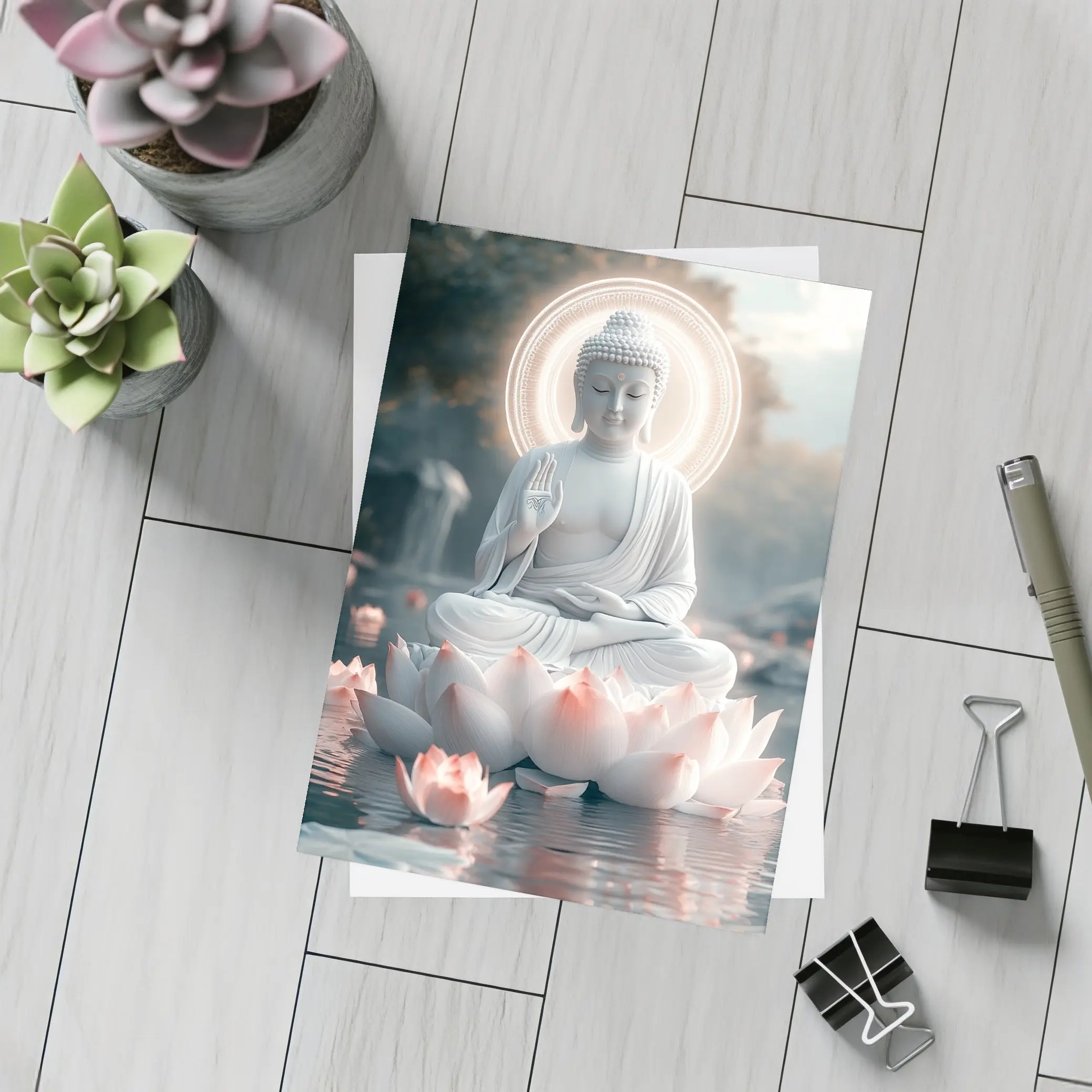 White Buddha Lotus Flower Glowing Halo Water – Postcards