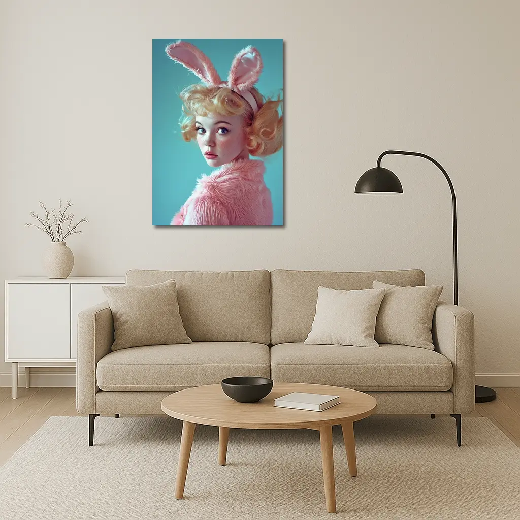 Blonde Woman Pink Bunny Ears Teal Background – Wall Art