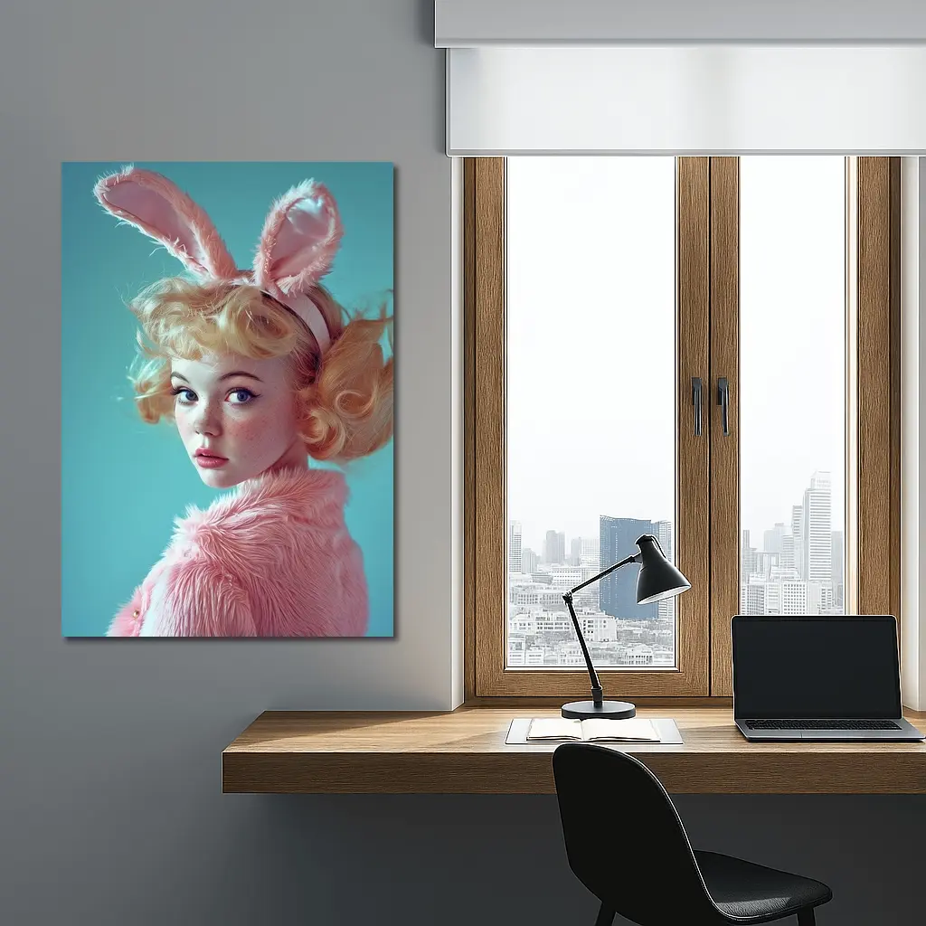 Blonde Woman Pink Bunny Ears Teal Background – Wall Art