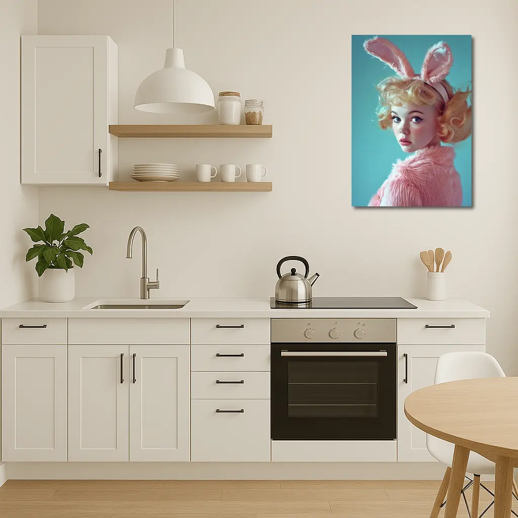 Blonde Woman Pink Bunny Ears Teal Background – Wall Art