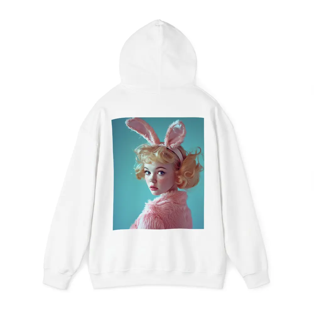 Blonde Woman Pink Bunny Ears Teal Background – Hoodies
