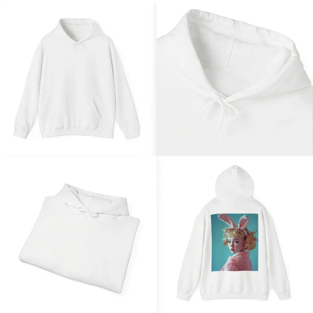 Blonde Woman Pink Bunny Ears Teal Background – Hoodies