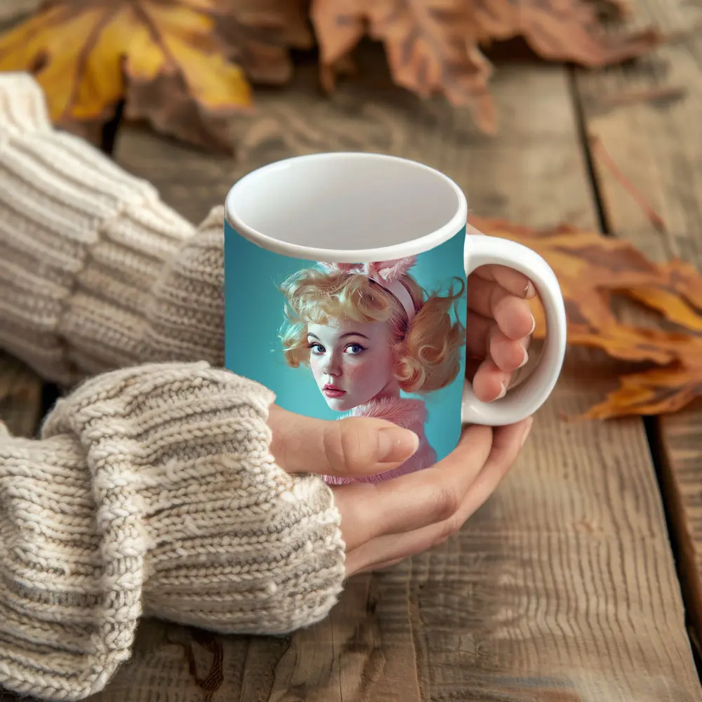 Blonde Woman Pink Bunny Ears Teal Background – Mugs