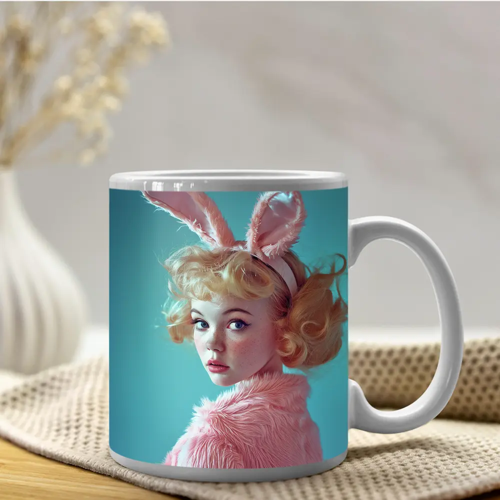 Blonde Woman Pink Bunny Ears Teal Background – Mugs