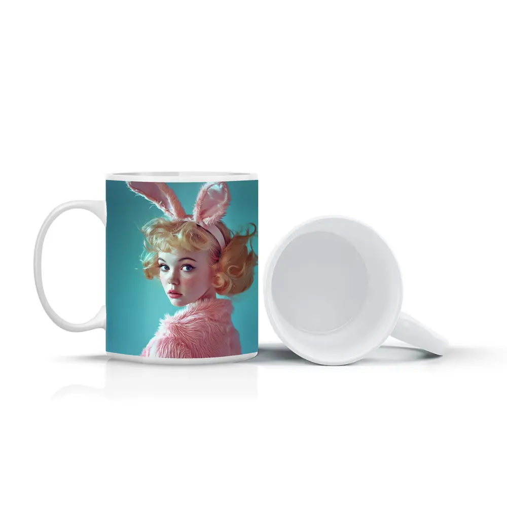 Blonde Woman Pink Bunny Ears Teal Background – Mugs