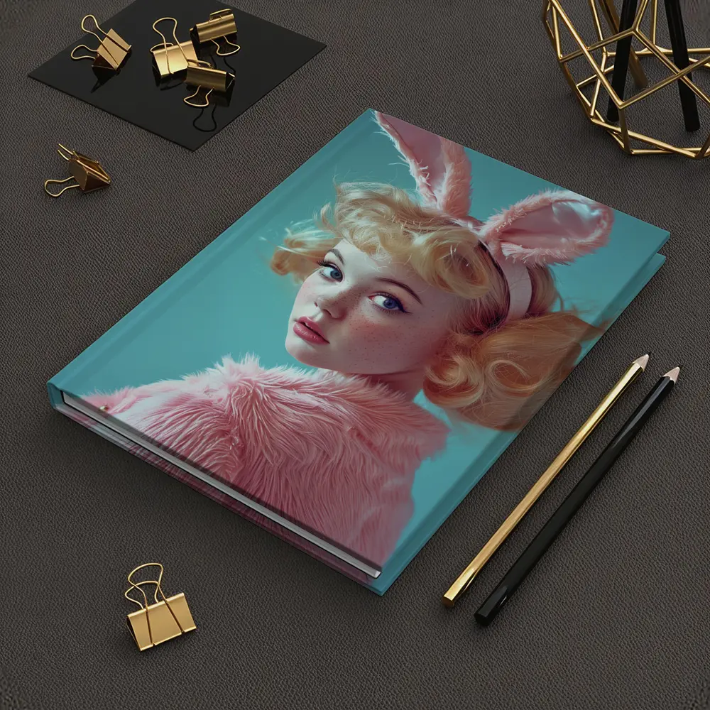 Blonde Woman Pink Bunny Ears Teal Background – Notebooks