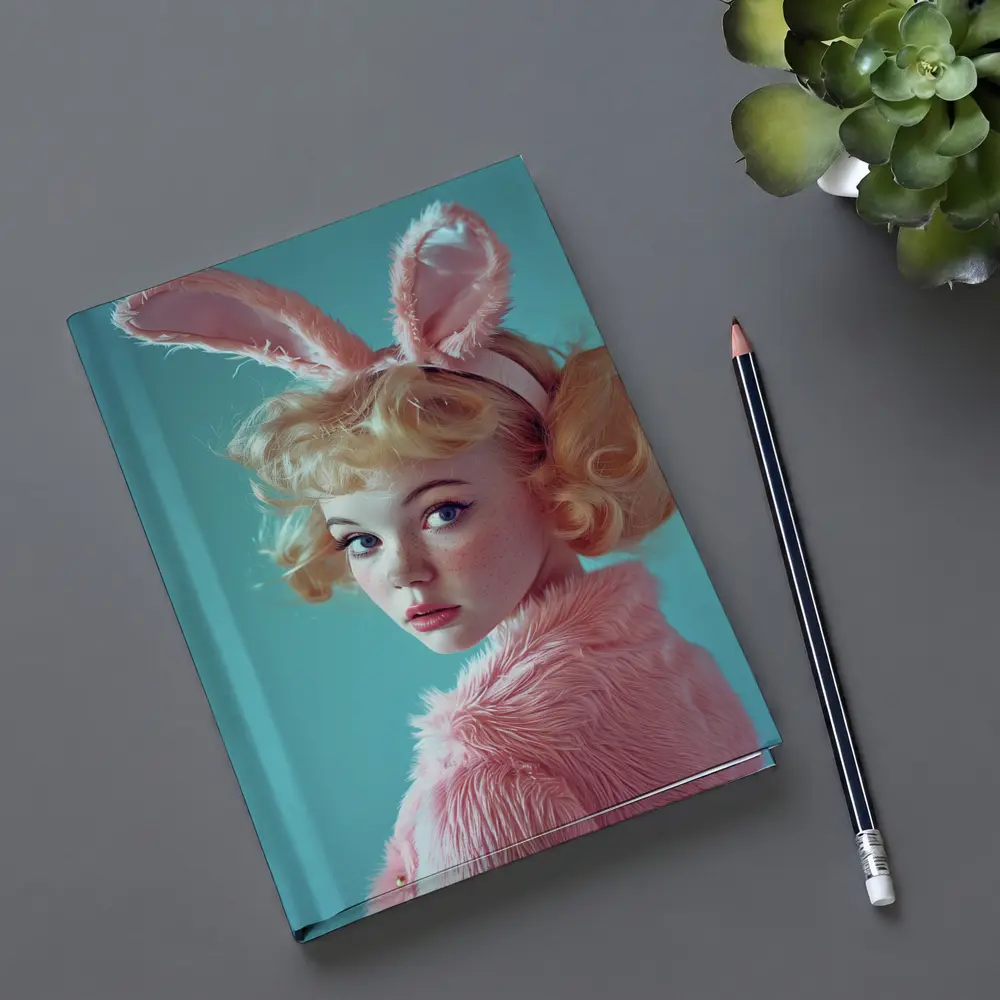 Blonde Woman Pink Bunny Ears Teal Background – Notebooks