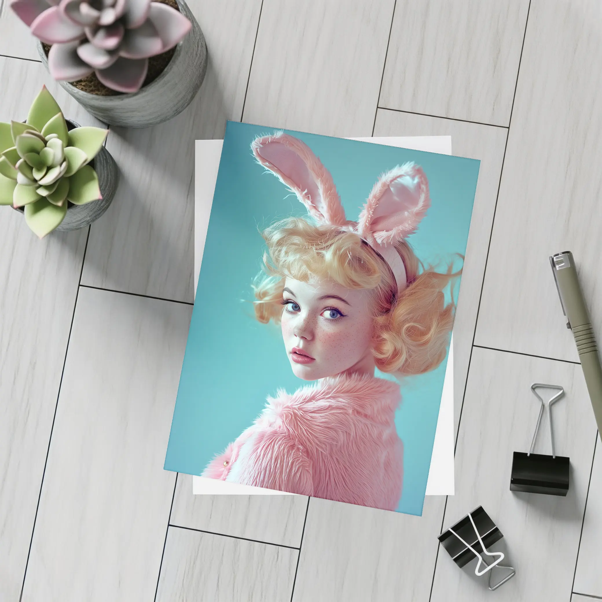 Blonde Woman Pink Bunny Ears Teal Background – Postcards