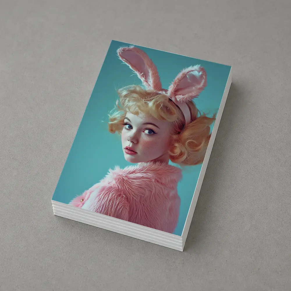 Blonde Woman Pink Bunny Ears Teal Background – Postcards
