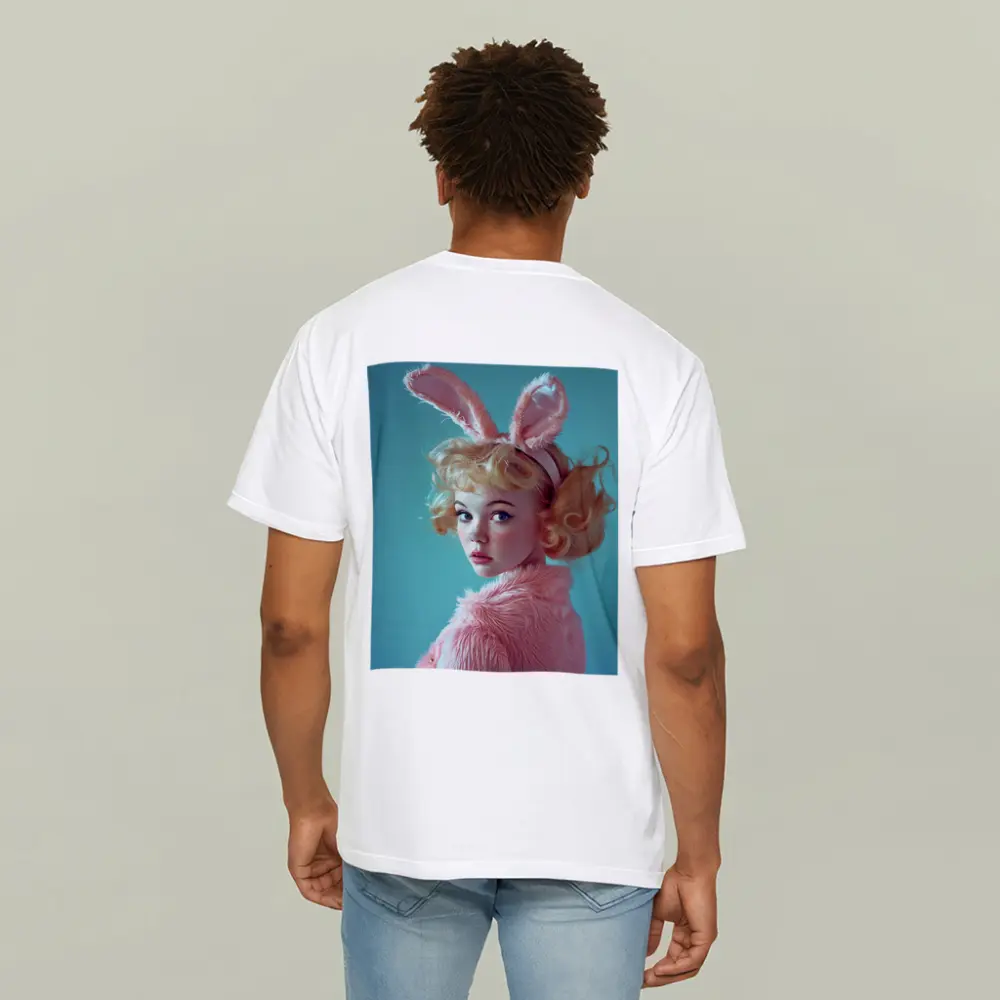 Blonde Woman Pink Bunny Ears Teal Background – T-Shirts