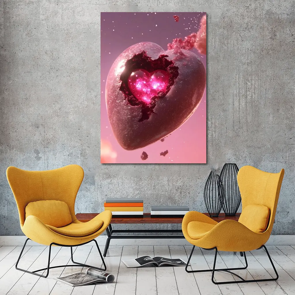 Glowing Pink Heart Stone Cosmic Art – Wall Art