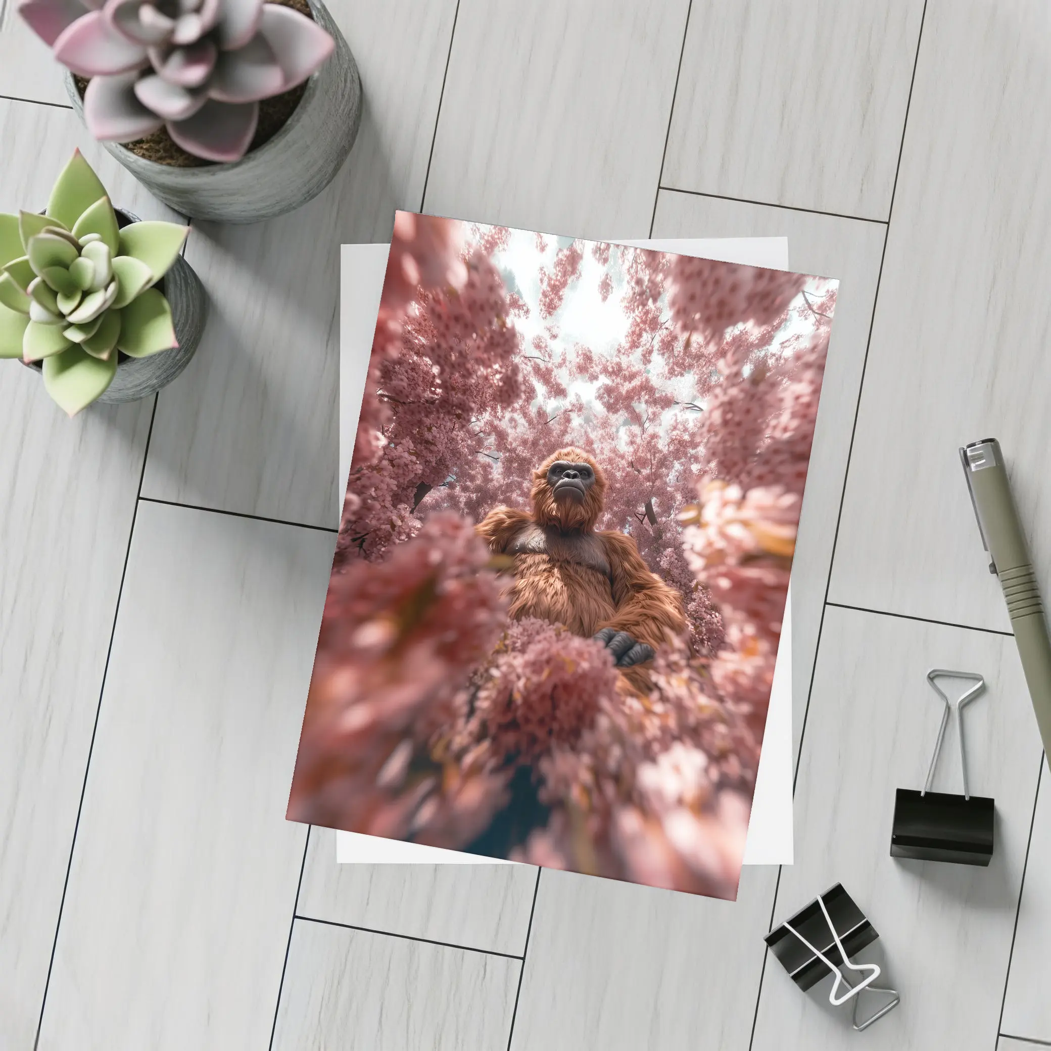 Gorilla Among Pink Blossoms Surreal Art – Postcards