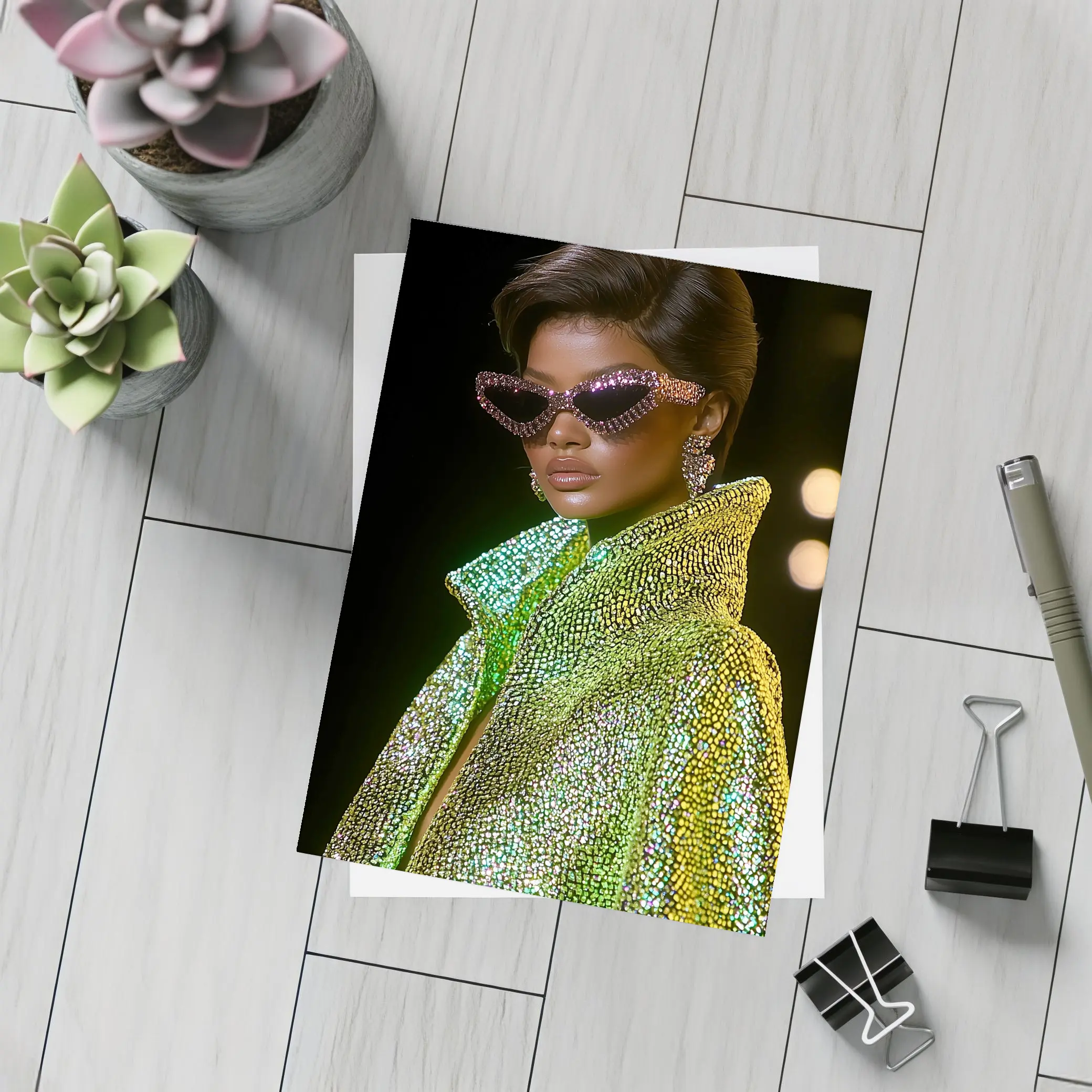 Glam Woman Crystal Sunglasses Green Sequin Jacket – Postcards