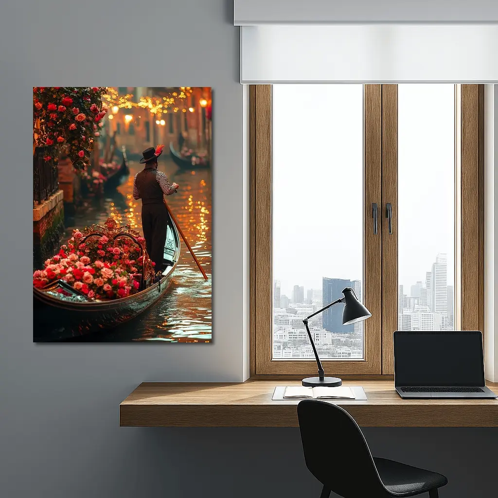 Gondolier On Venice Canal With Roses – Wall Art