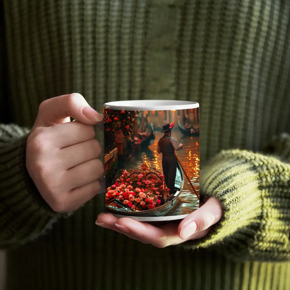 Gondolier On Venice Canal With Roses – Mugs