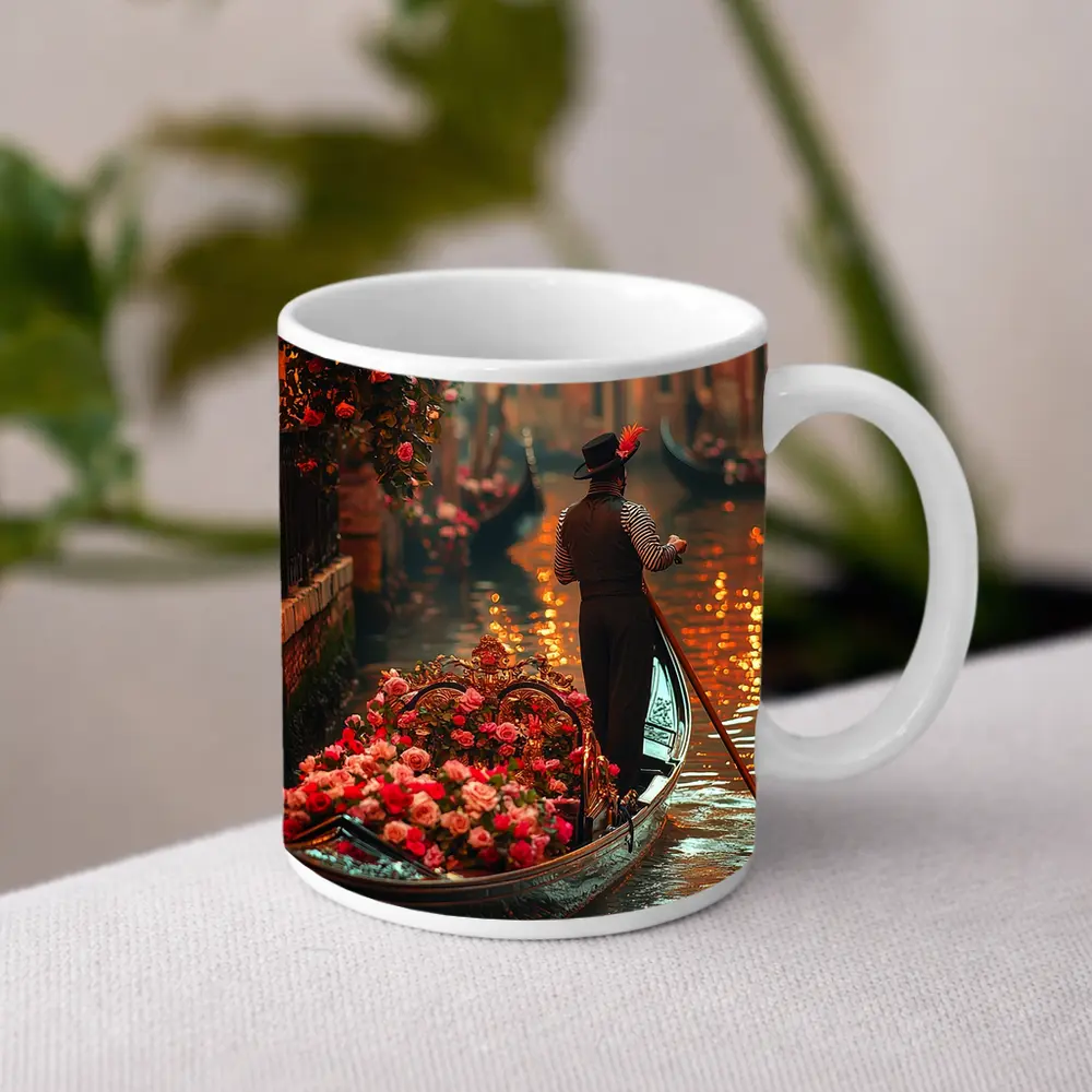 Gondolier On Venice Canal With Roses – Mugs