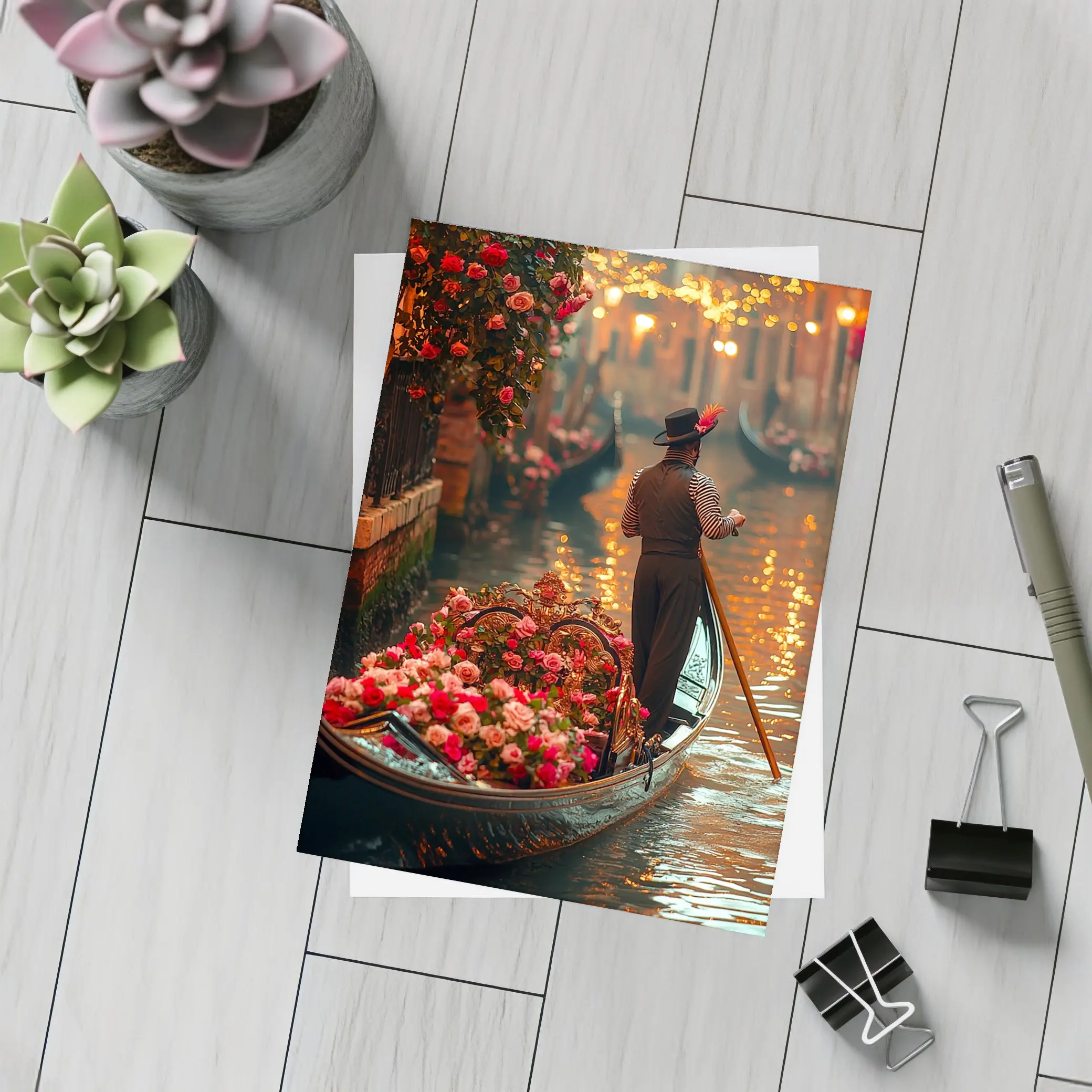 Gondolier On Venice Canal With Roses – Postcards