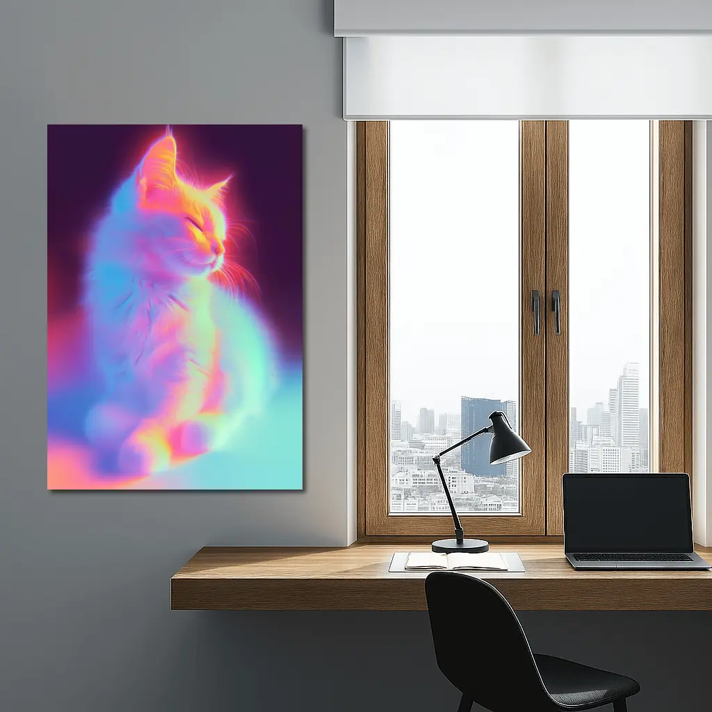 Neon Glowing Cat Pastel Rainbow Dark Background – Wall Art