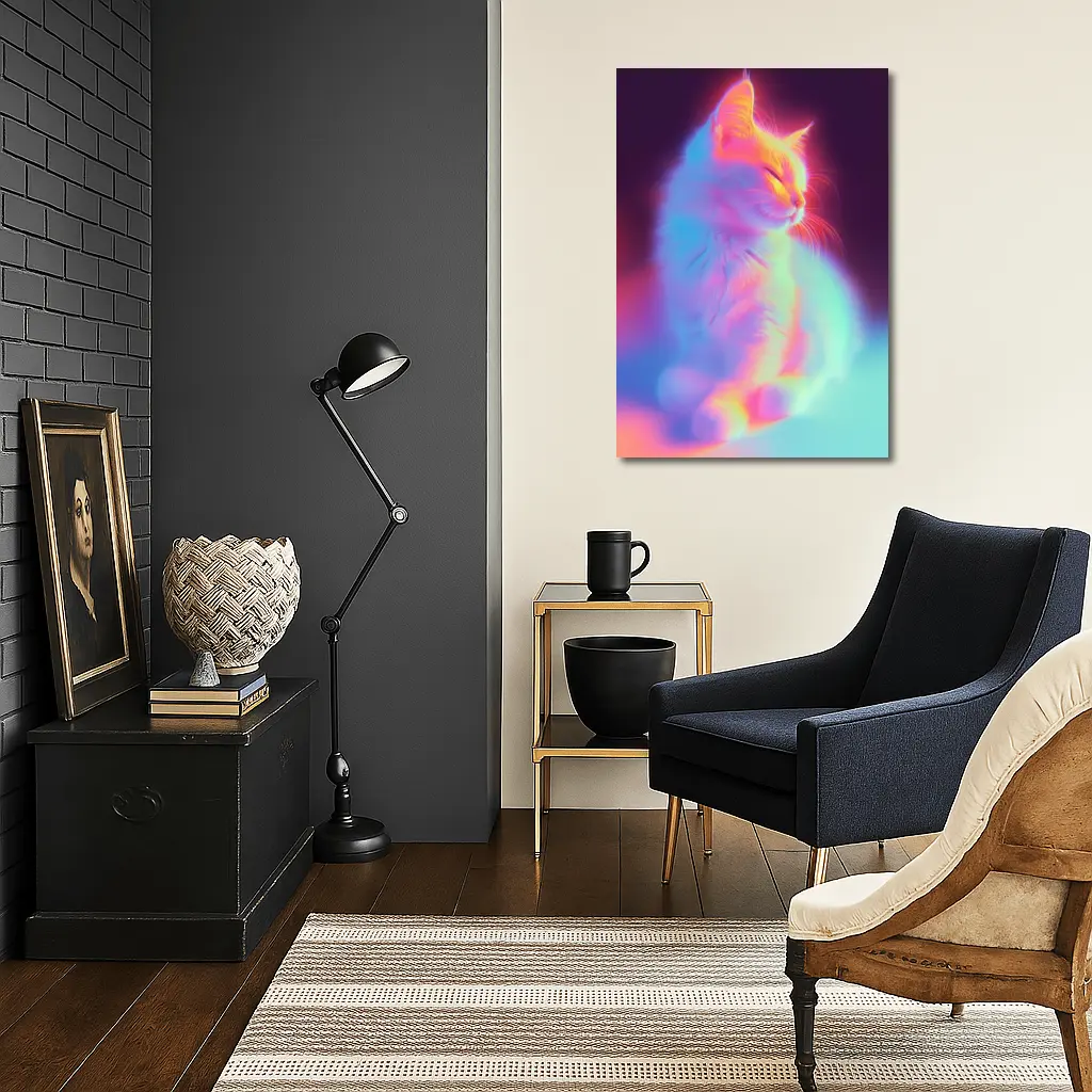 Neon Glowing Cat Pastel Rainbow Dark Background – Wall Art