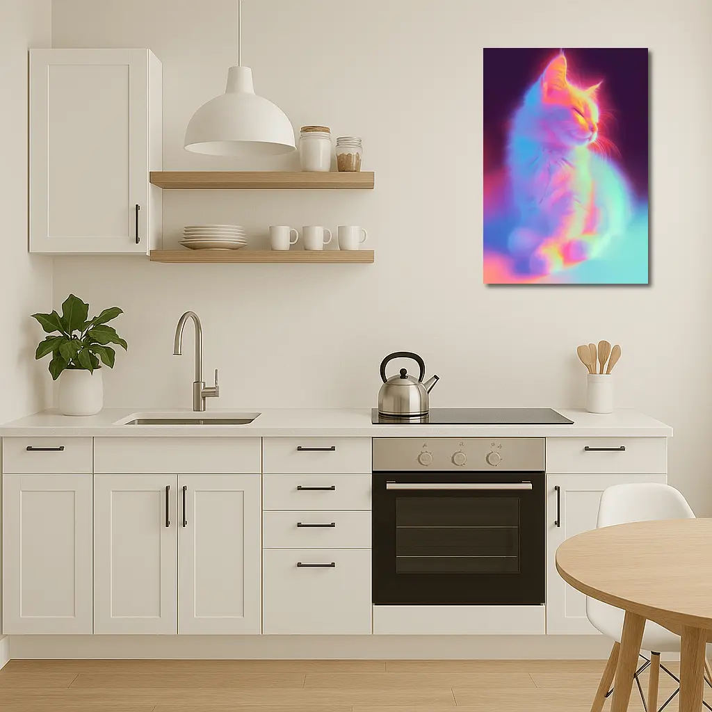 Neon Glowing Cat Pastel Rainbow Dark Background – Wall Art