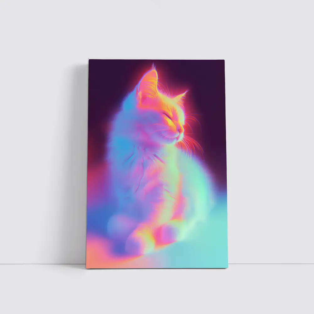 Neon Glowing Cat Pastel Rainbow Dark Background – Wall Art