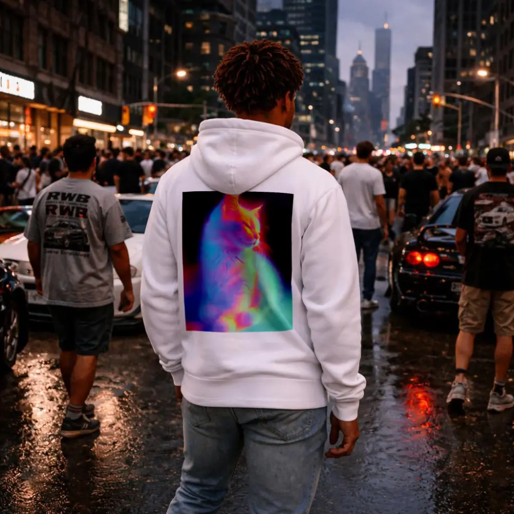 Neon Glowing Cat Pastel Rainbow Dark Background – Hoodies