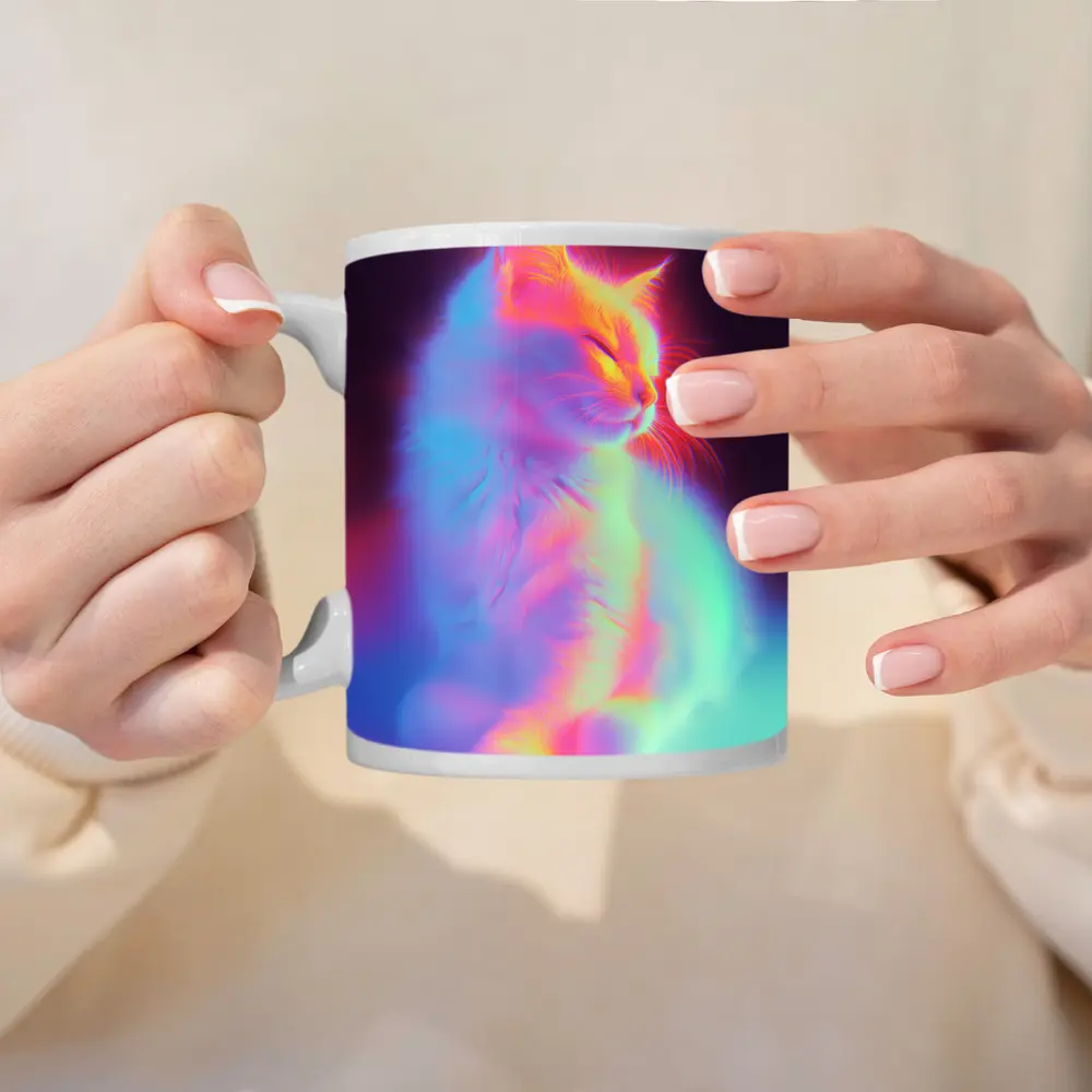 Neon Glowing Cat Pastel Rainbow Dark Background – Mugs
