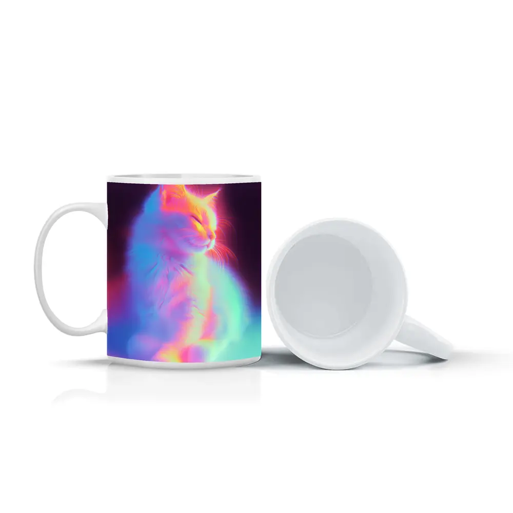 Neon Glowing Cat Pastel Rainbow Dark Background – Mugs