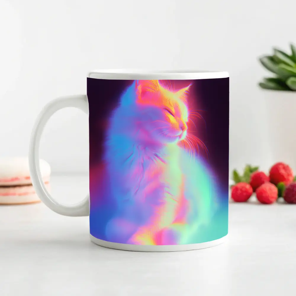 Neon Glowing Cat Pastel Rainbow Dark Background – Mugs