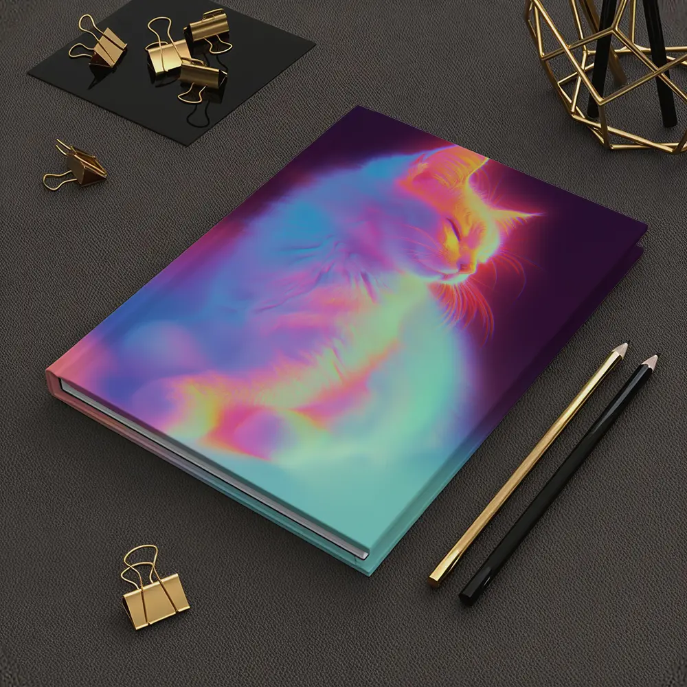 Neon Glowing Cat Pastel Rainbow Dark Background – Notebooks
