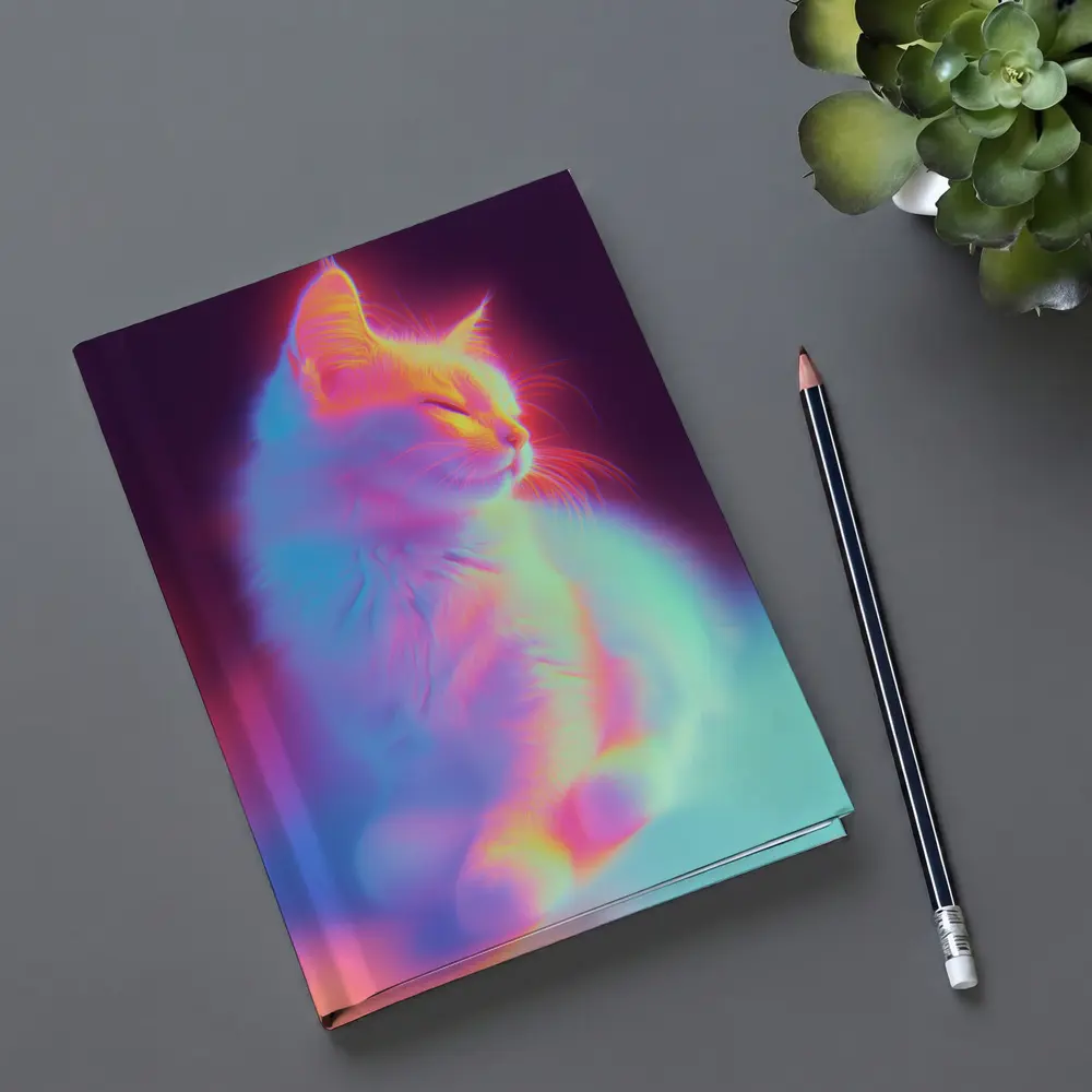 Neon Glowing Cat Pastel Rainbow Dark Background – Notebooks