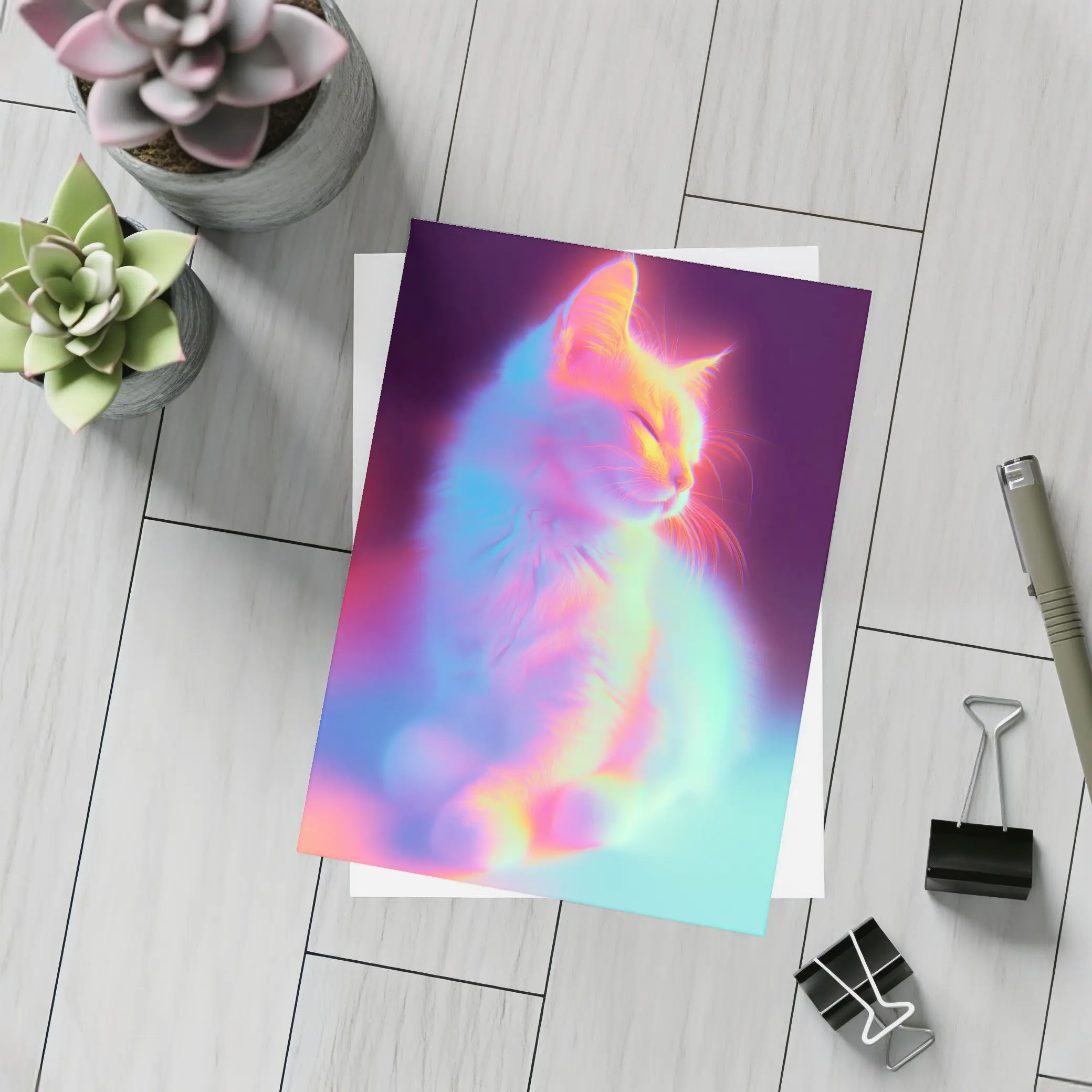 Neon Glowing Cat Pastel Rainbow Dark Background – Postcards