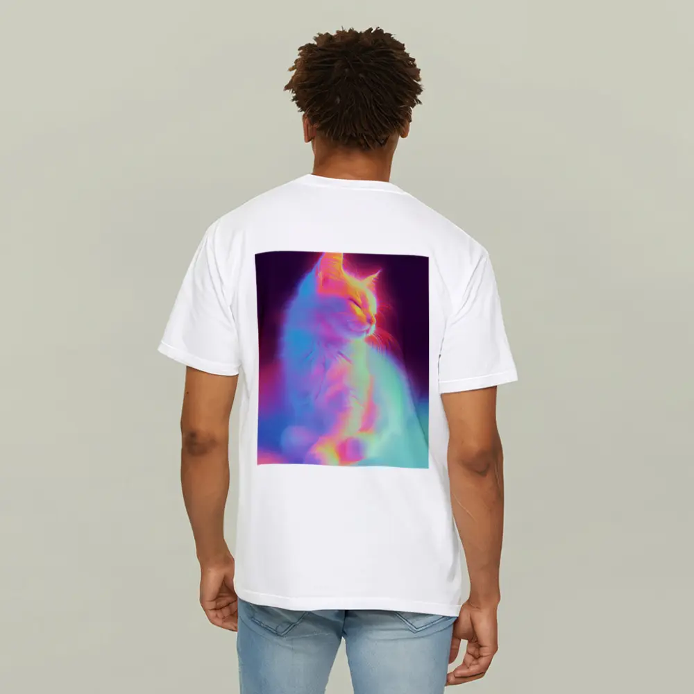 Neon Glowing Cat Pastel Rainbow Dark Background – T-Shirts