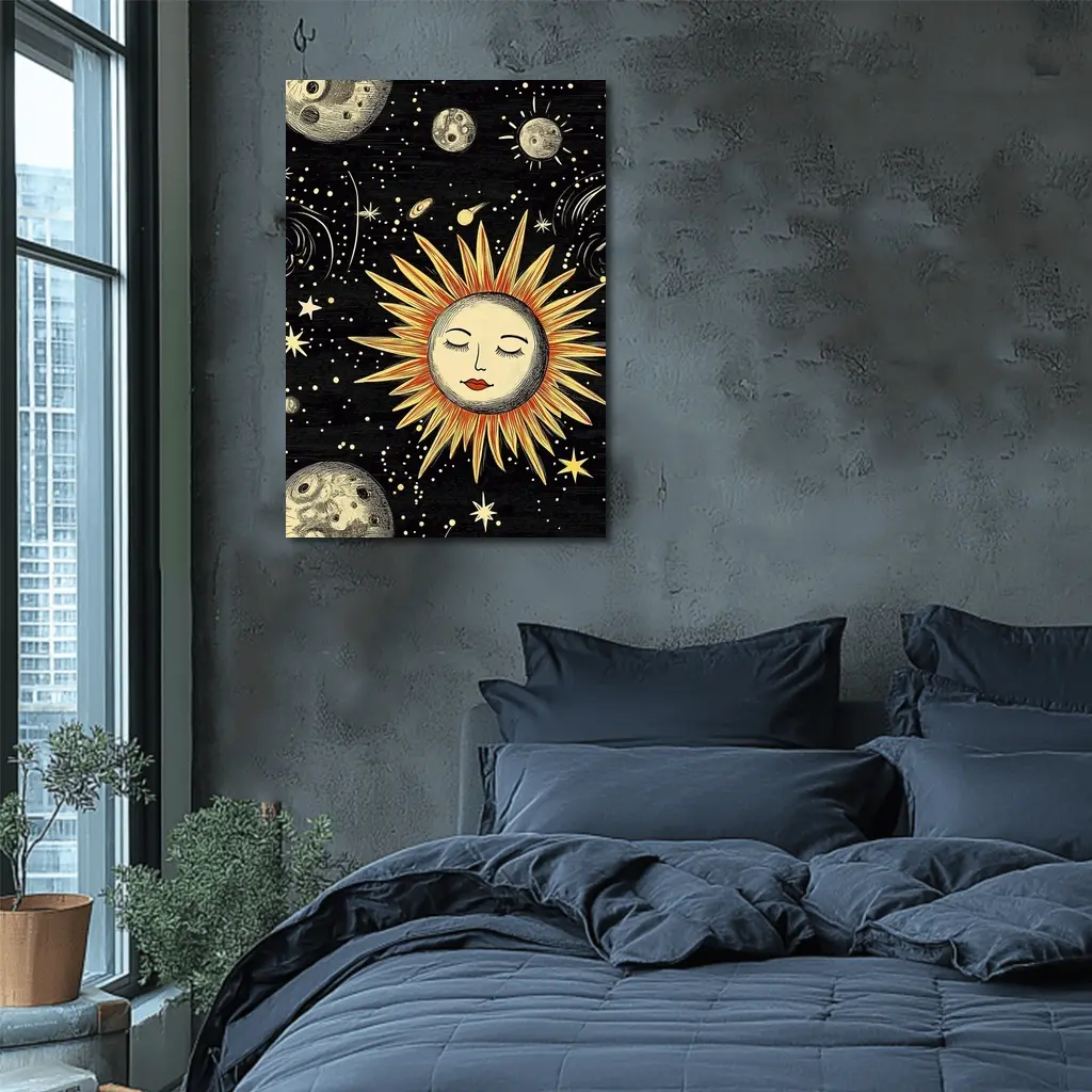 Celestial Sun Face Black Space Art – Wall Art