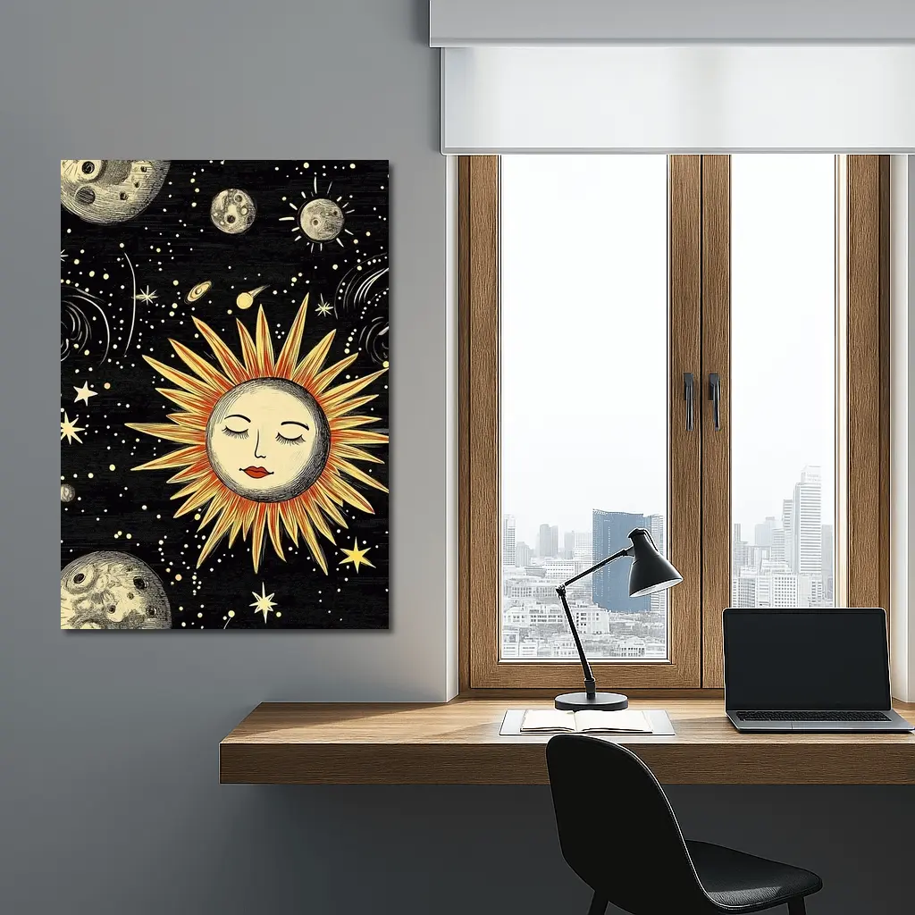 Celestial Sun Face Black Space Art – Wall Art