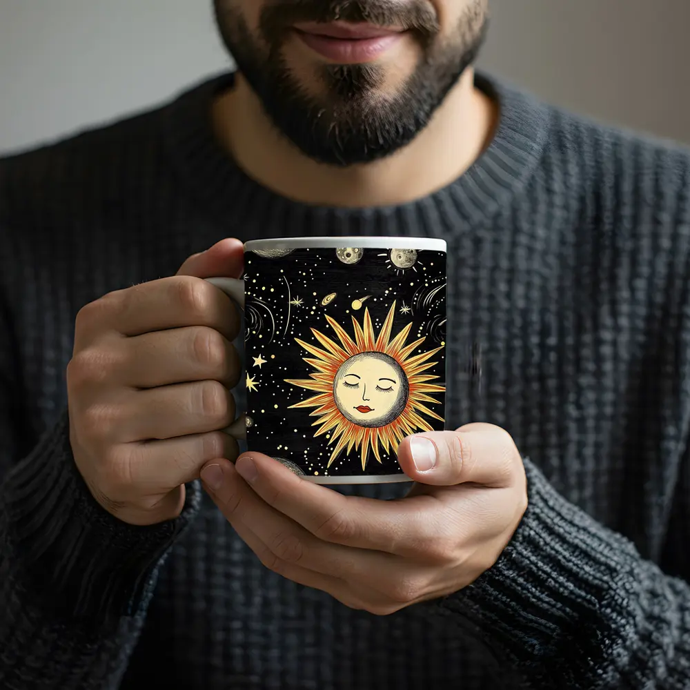 Celestial Sun Face Black Space Art – Mugs