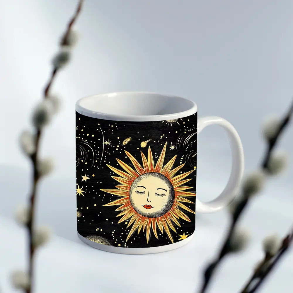 Celestial Sun Face Black Space Art – Mugs