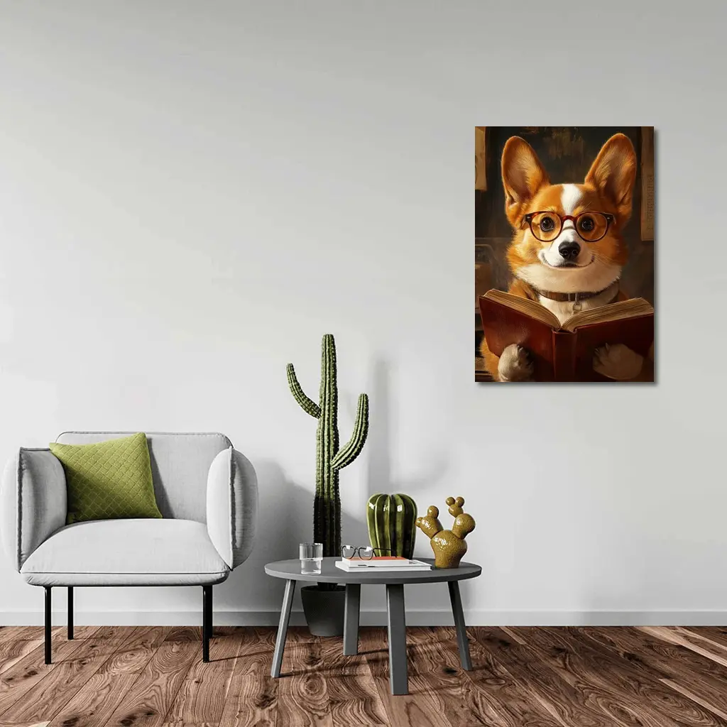 Corgi Dog Reading Book With Glasses – Wall Art