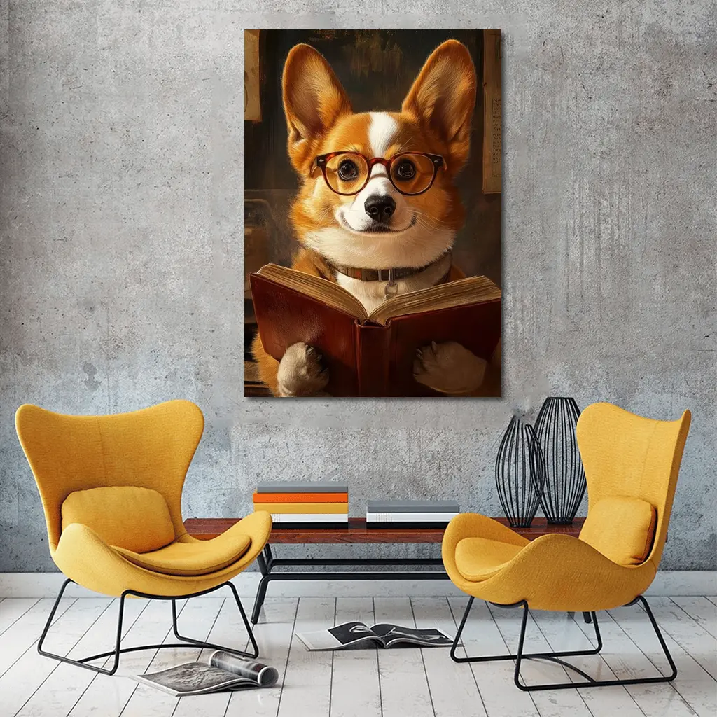 Corgi Dog Reading Book With Glasses – Wall Art